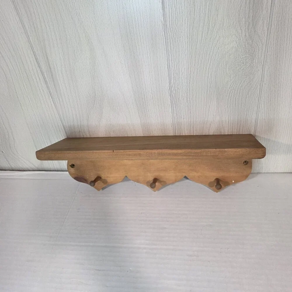 VTG Wooden Wall Hanging Heart Cutout Shelf With 3 Hearts And 3 Pegs Cottagecore